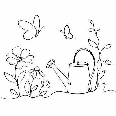 a garden scene with butterflies, flowers and a watering can, clean uncolored line art, no text