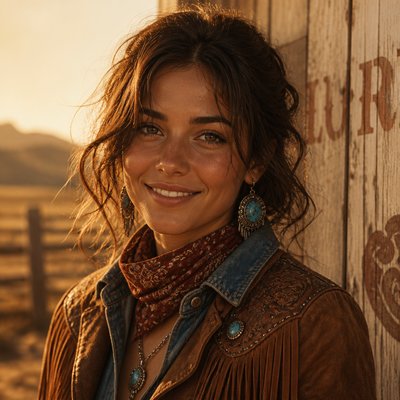 head-and-shoulders portrait of an original character: a young woman with wavy chestnut hair and a warm smile, plain soft backdrop