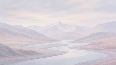 a vast valley with a river winding toward distant mountains at sunrise, no people, no text