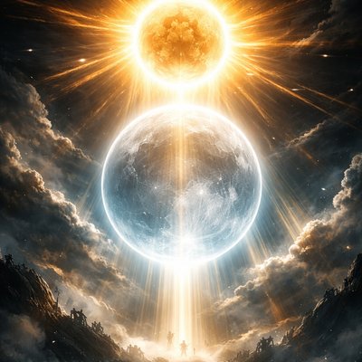 Ancient celestial vision: the blazing sun hovers directly above a translucent moon, the moon rendered almost invisible, swallowed by the sun's overwhelming radiance yet delicately outlined as a glass, beams of divine light pouring down, the moon a silent witness beneath the sun's glory, spiritual symbolism of hidden union and concealed intimacy, ethereal golden and silver tones, sun and moon the same size