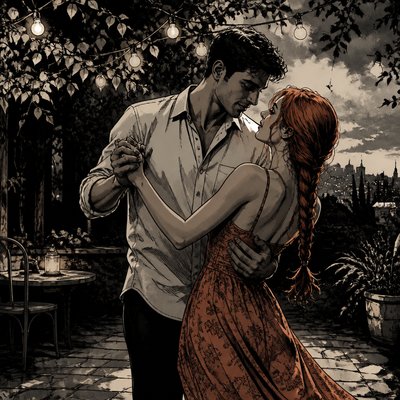 an original couple dancing under string lights in a garden at dusk: a man with short black hair in a linen shirt and a woman with braided red hair in a summer dress