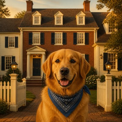 portrait of a golden retriever wearing a blue bandana, warm plain backdrop, no text