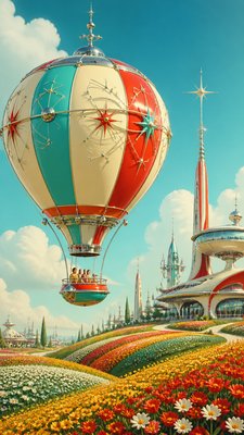 a hot air balloon drifting over rolling flower fields on a sunny day, cheerful, no text