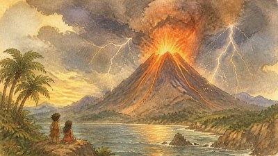 an erupting volcano with lightning strikes, dramatic wide composition, no text