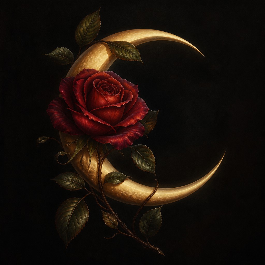 a rose entwined with a crescent moon, clean balanced composition on a plain background, no text