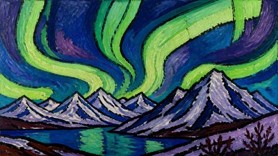 a flowing aurora over snowy peaks, wide sweeping composition, no people, no text
