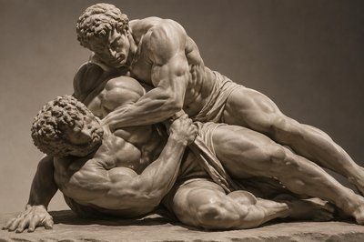 ancient greek athletes wrestling on the ground