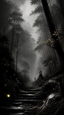 a mysterious forest path with fireflies and drifting mist, atmospheric vertical composition with open space at the top, no text