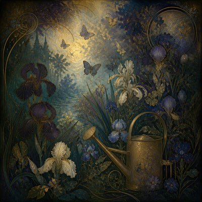a garden scene with butterflies, flowers and a watering can, clean uncolored line art, no text