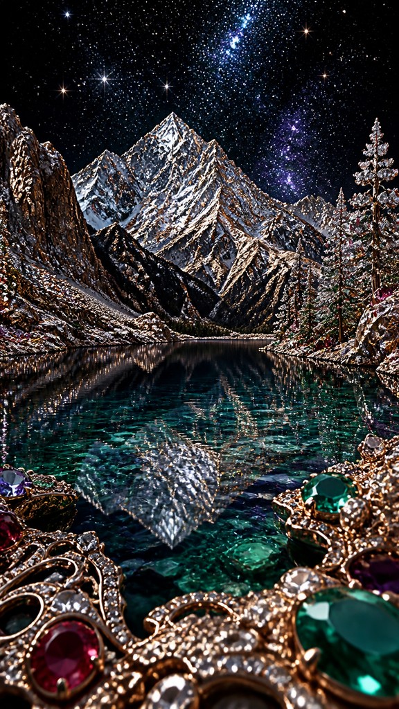 a tranquil mountain lake beneath a starry night sky, no people, no text