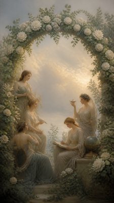 an arch of white roses and eucalyptus in soft morning light, elegant vertical composition with open space, no text