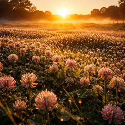 Cinematic Nature Photography, Golden Hour Backlighting, Macro Details. A breathtaking, wide-angle landscape photograph of a sprawling, lush field completely carpeted in thick white and pink Dutch clover in full bloom, captured at the precise moment of sunrise.

The Light: The sun is just cresting the horizon directly ahead, casting intensely warm, golden rays of light that backlight the scene. Every individual clover leaf and flower head is rim-lit, making them appear Almost translucent and glowing against the light. Long, dramatic shadows stretch toward the viewer.

The Atmosphere & Texture: Heavy morning dew clings to every surface, creating thousands of tiny, sparkling droplets that catch the rising sun like jewels. Soft, low-lying ground mist weaves through the distant parts of the field and along an old wooden fenceline in the background, softening the horizon.

The Composition: The focus is razor-sharp in the immediate foreground, showing the intricate textures of the wet leaves and petals, while the background dissolves into a warm, hazy, golden glow. The air feels cool and fresh.