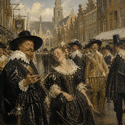 urban street with city activity — Haarlem Golden Age Art Style