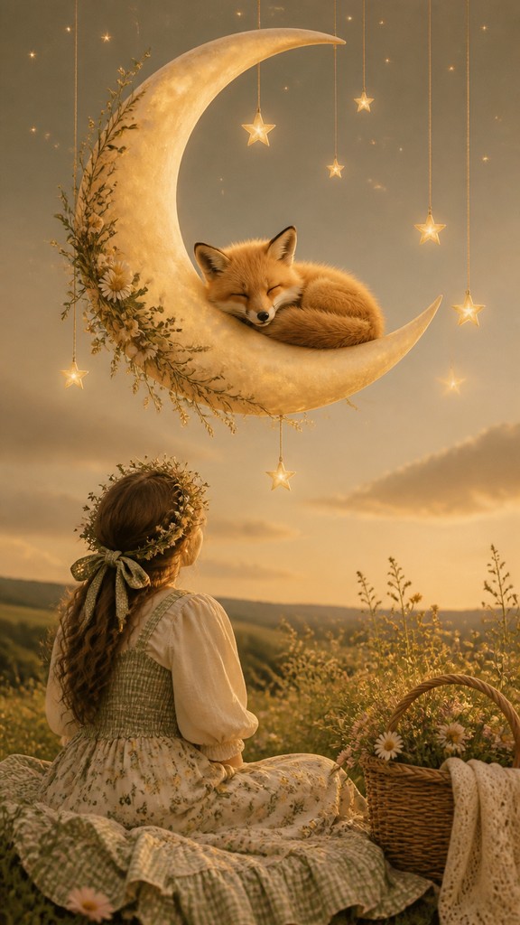 a sleeping baby fox curled on a crescent moon among soft stars, gentle and warm, no text