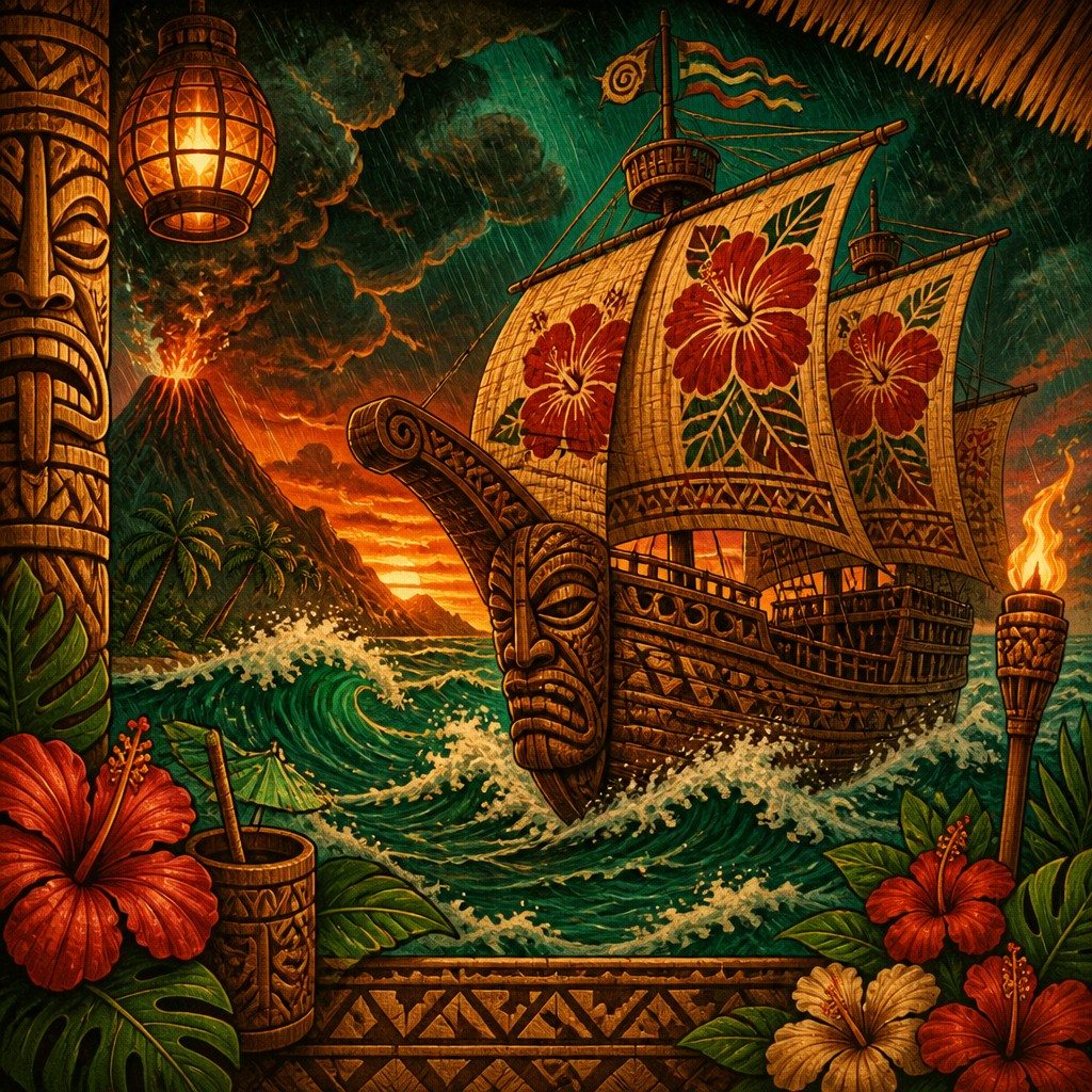 sailing ship on a stormy sea — Tiki Aesthetic