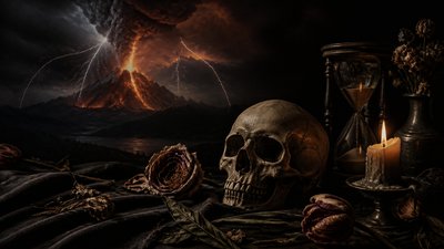 an erupting volcano with lightning strikes, dramatic wide composition, no text
