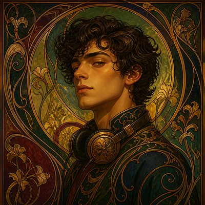 head-and-shoulders portrait of an original character: a young man with curly dark hair and headphones around his neck, plain backdrop, no text