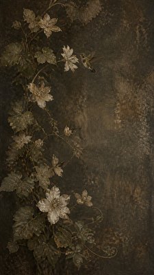 a climbing vine of flowers and hummingbirds on a dark background, tall wrapping composition, no text