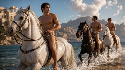 ancient Greek ignudi athletes riding horses along the sea coast