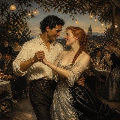 an original couple dancing under string lights in a garden at dusk: a man with short black hair in a linen shirt and a woman with braided red hair in a summer dress