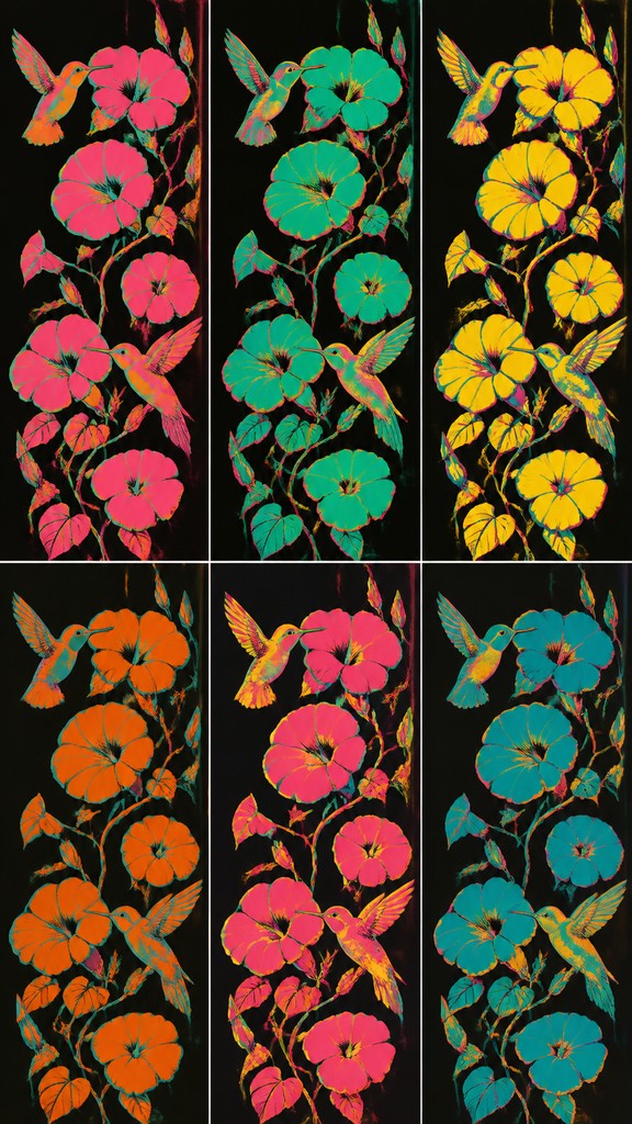 a climbing vine of flowers and hummingbirds on a dark background, tall wrapping composition, no text