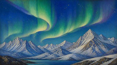 a flowing aurora over snowy peaks, wide sweeping composition, no people, no text