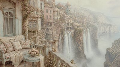 a cliffside city with waterfalls cascading into a misty canyon, wide establishing shot, no people, no text