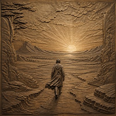 a solitary figure walking toward a glowing horizon across an empty plain, moody atmosphere, no text or lettering