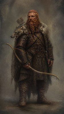 full-body original character: a dwarven ranger with a braided auburn beard, worn leather armor, a longbow and a wolf-pelt cloak, neutral background, no text
