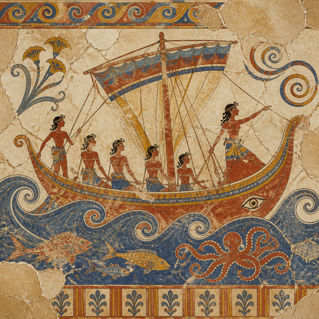 sailing ship on a stormy sea — Minoan Fresco Art Style