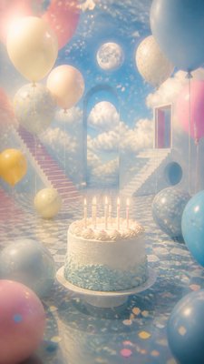 a birthday cake with lit candles surrounded by balloons and confetti, festive vertical composition, no text