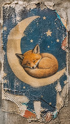 a sleeping baby fox curled on a crescent moon among soft stars, gentle and warm, no text