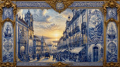 bustling city street panorama at dusk