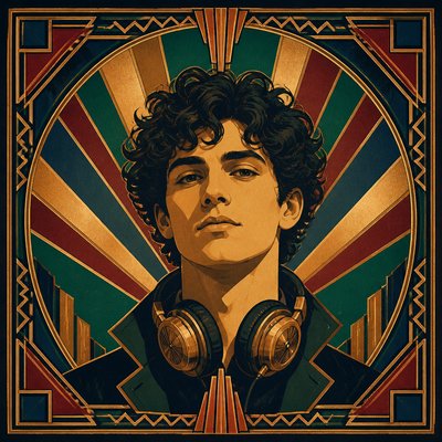 head-and-shoulders portrait of an original character: a young man with curly dark hair and headphones around his neck, plain backdrop, no text