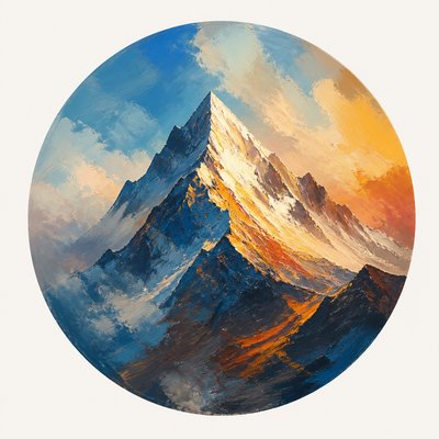 an emblem of a mountain peak inside a circle, simple bold shapes on a plain background, no text or lettering
