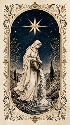 a robed figure pouring water beneath a large eight-pointed star in a night sky, symmetrical composition with an ornate decorative border, no text