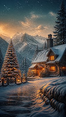 a snow-covered cottage with warm glowing windows beside a decorated pine tree, gentle snowfall, no text