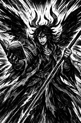 a painting of a demon holding a sword