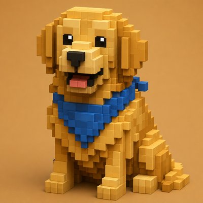 portrait of a golden retriever wearing a blue bandana, warm plain backdrop, no text