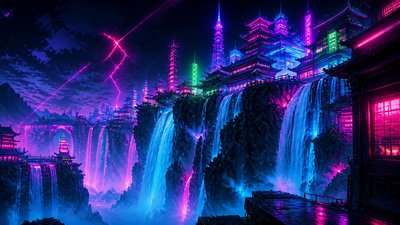 a cliffside city with waterfalls cascading into a misty canyon, wide establishing shot, no people, no text