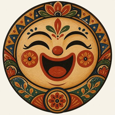 an exaggerated laughing face of an original round mascot character, bold and readable at small size, plain background, no text