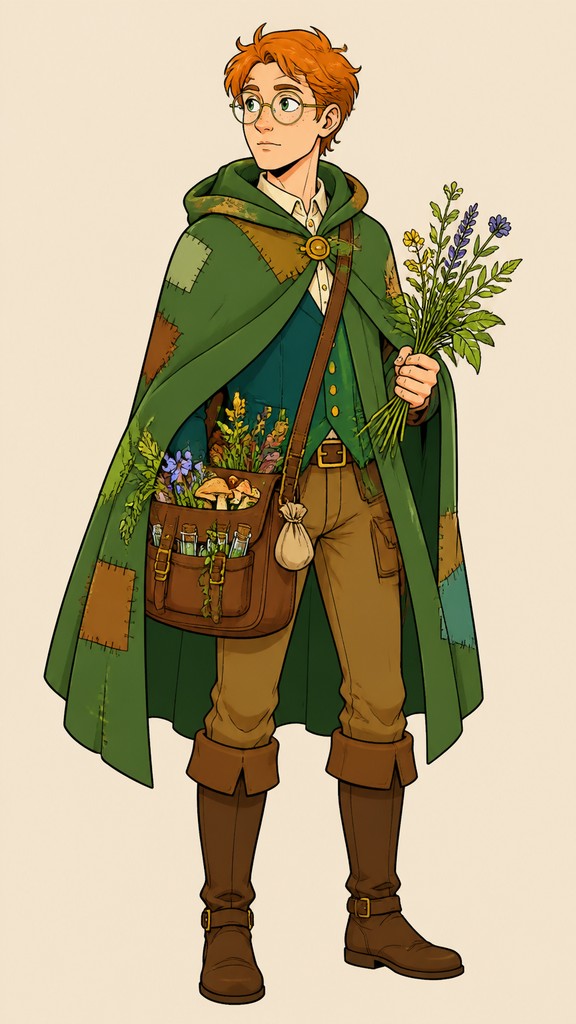full-body original character: a wandering botanist with a satchel of plants, a patched green cloak, tall boots and round glasses, neutral background