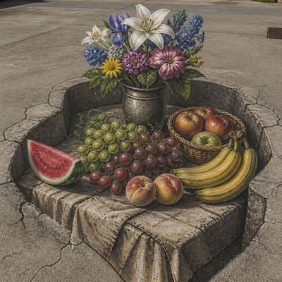still life arrangement of fruits and flowers