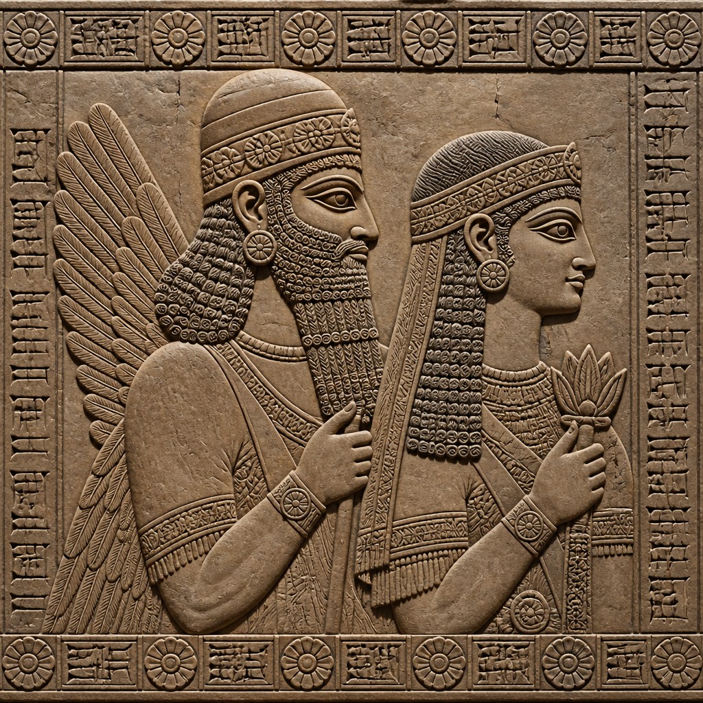 portrait of two people together — Mesopotamian Relief Art Style