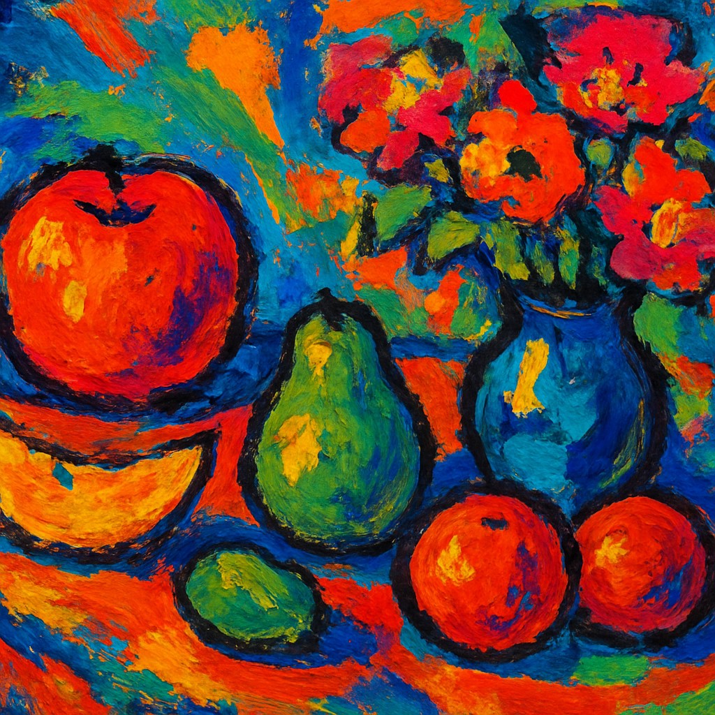 still life arrangement of fruits and flowers