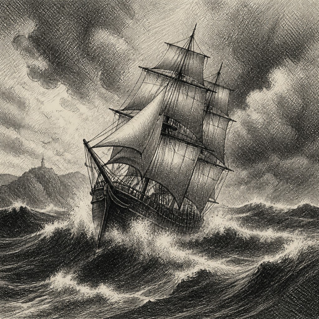 sailing ship on a stormy sea — Cross-Hatching Drawing Style