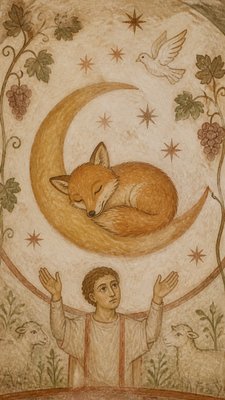 a sleeping baby fox curled on a crescent moon among soft stars, gentle and warm, no text