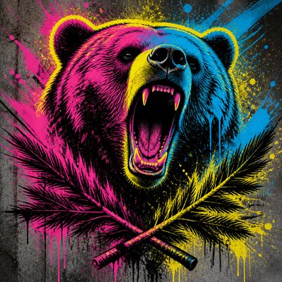 a roaring bear head above crossed pine branches, bold graphic composition on a plain background, no text