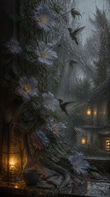a climbing vine of flowers and hummingbirds on a dark background, tall wrapping composition, no text