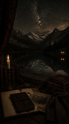 a tranquil mountain lake beneath a starry night sky, no people, no text
